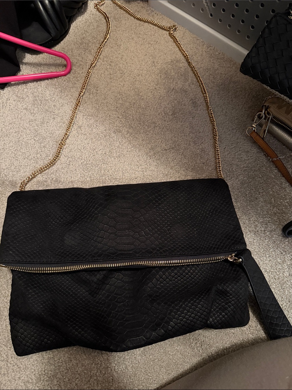 Urban Expressions Black Faux-Snake Foldover Clutch with Gold Chain